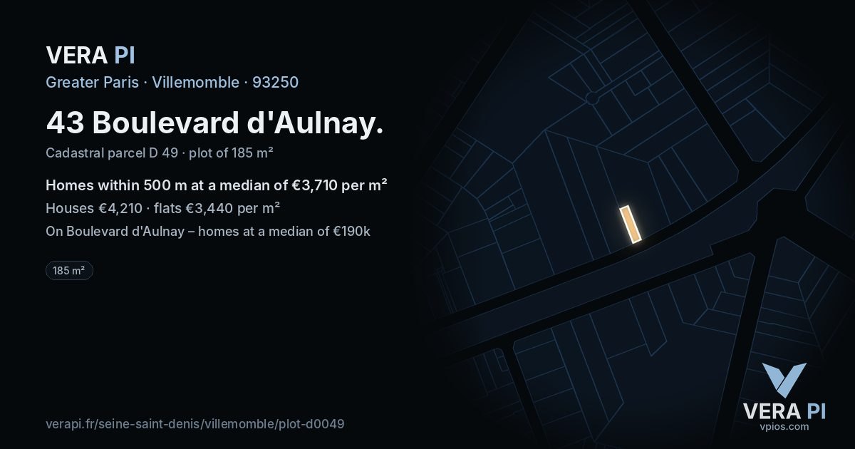 43 Boulevard d'Aulnay, Villemomble at night – the plot lit, the parcels around coloured by the prices near them