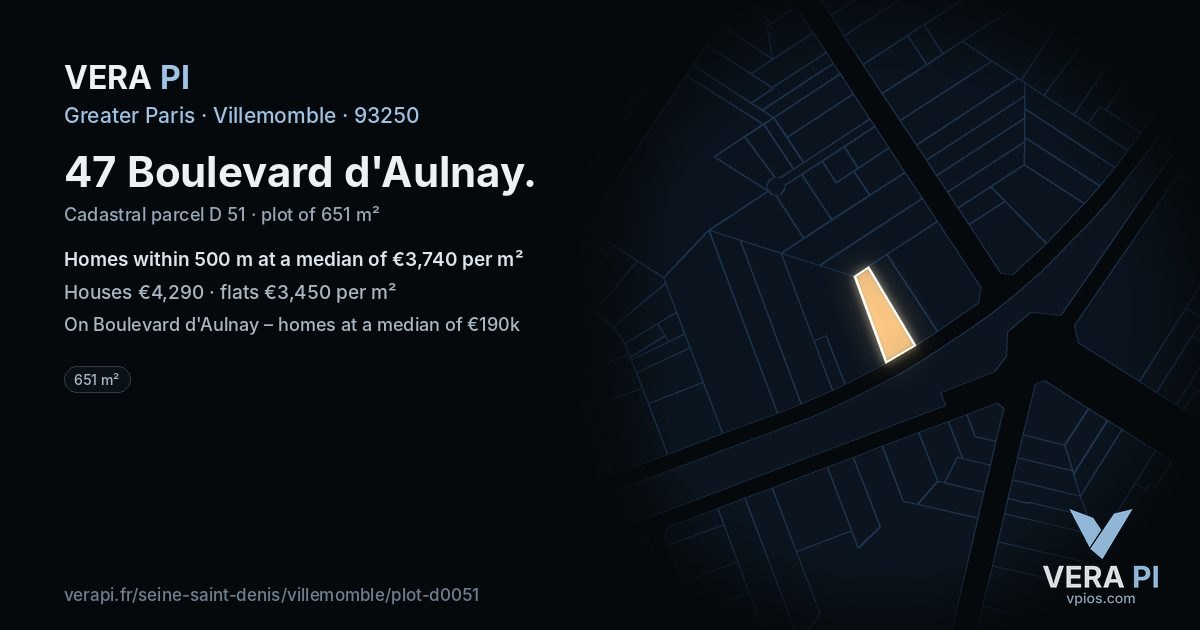 47 Boulevard d'Aulnay, Villemomble at night – the plot lit, the parcels around coloured by the prices near them