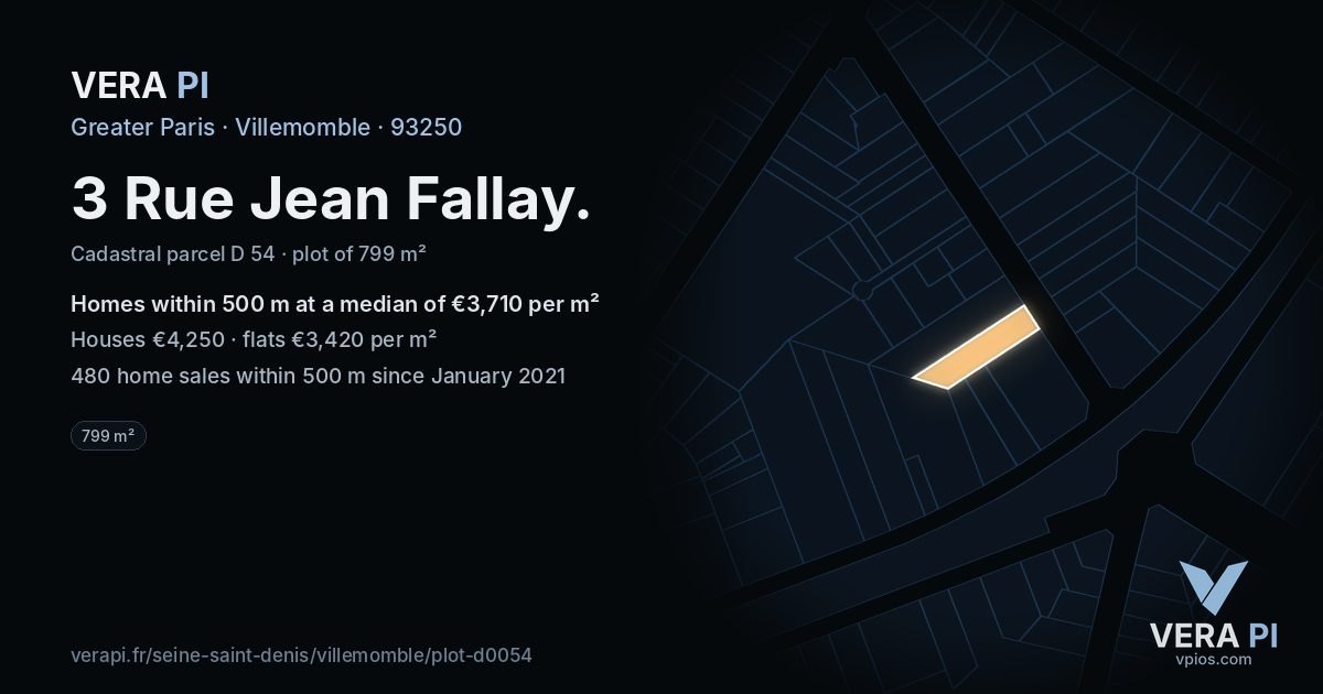 3 Rue Jean Fallay, Villemomble at night – the plot lit, the parcels around coloured by the prices near them
