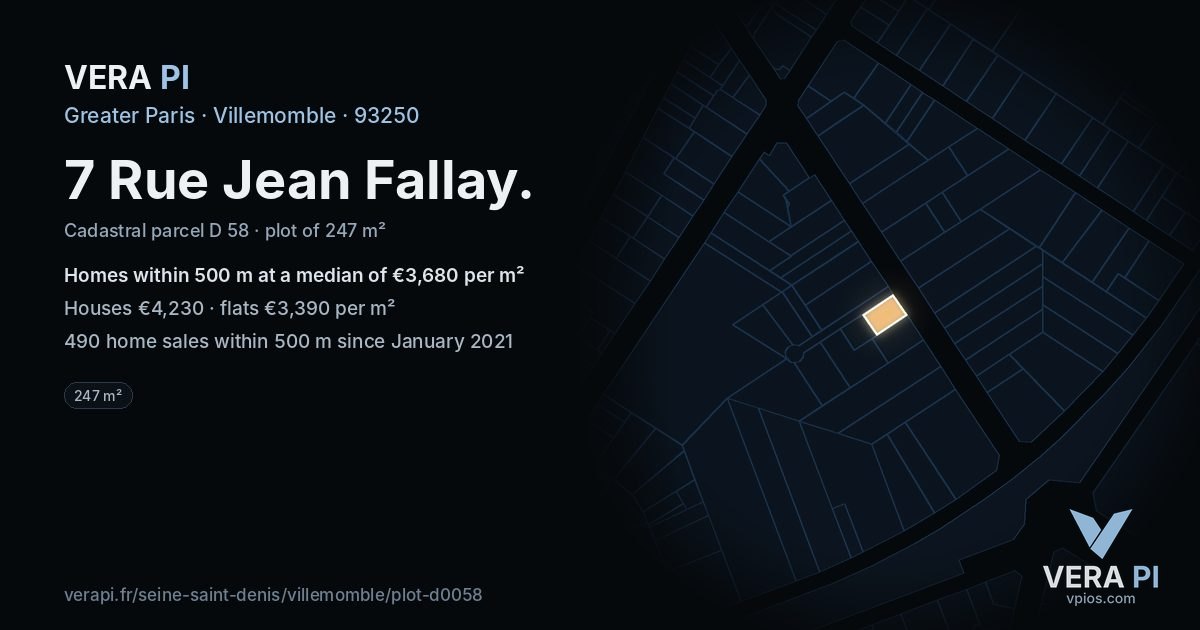 7 Rue Jean Fallay, Villemomble at night – the plot lit, the parcels around coloured by the prices near them