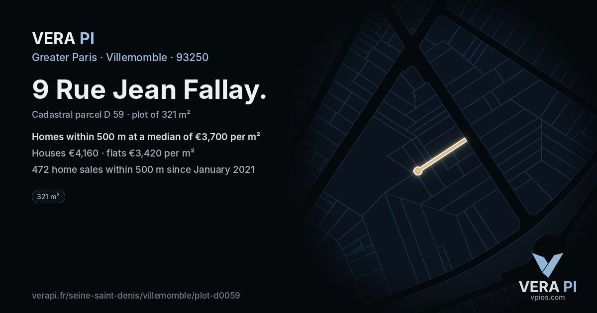 9 Rue Jean Fallay, Villemomble at night – the plot lit, the parcels around coloured by the prices near them