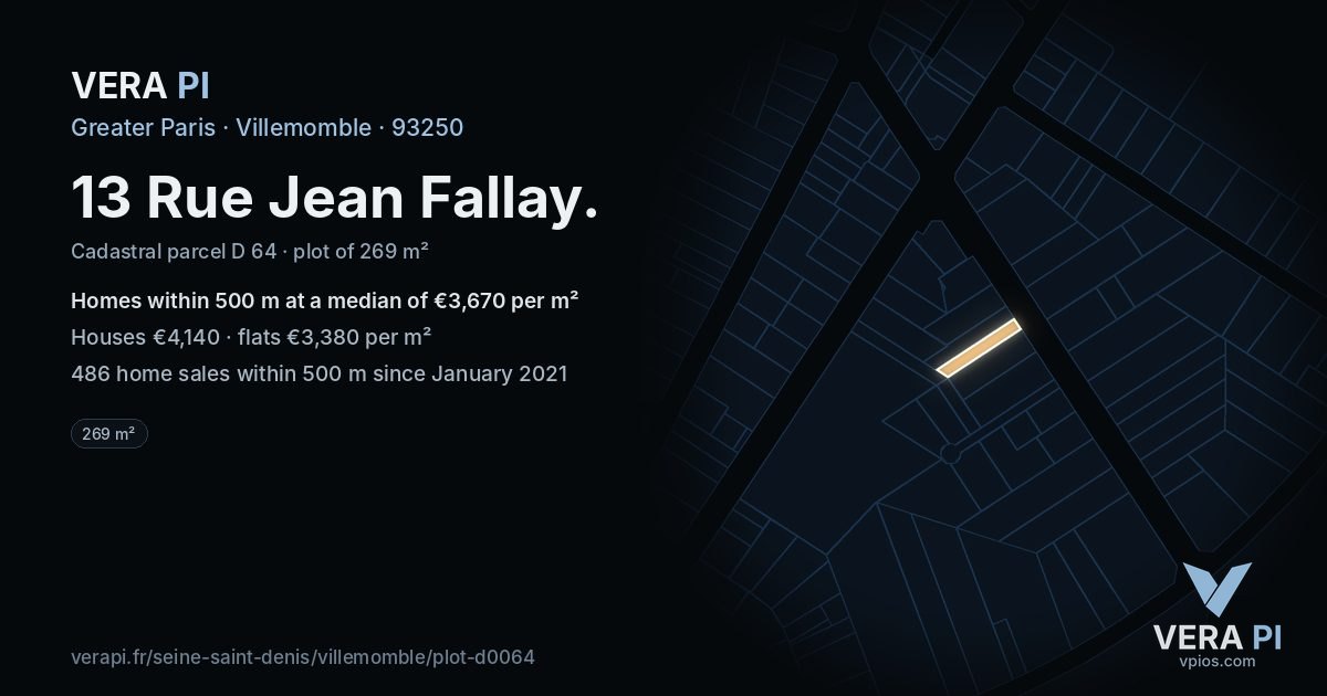 13 Rue Jean Fallay, Villemomble at night – the plot lit, the parcels around coloured by the prices near them
