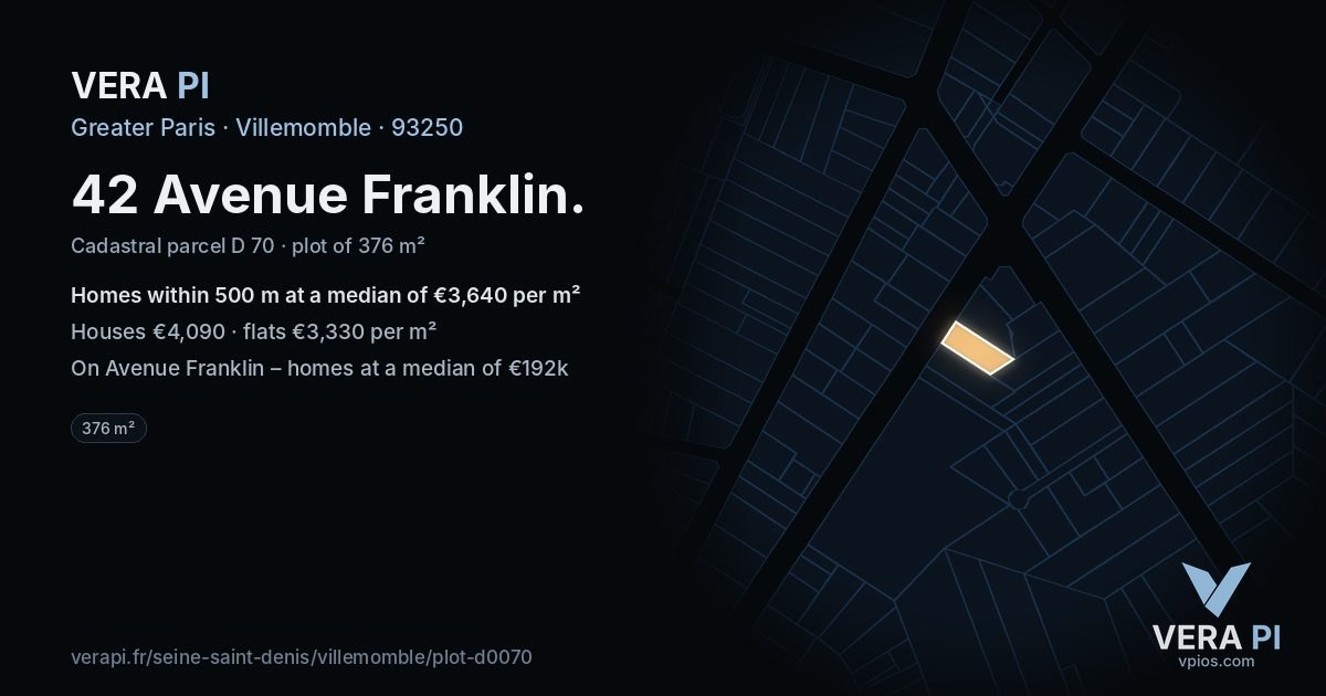 42 Avenue Franklin, Villemomble at night – the plot lit, the parcels around coloured by the prices near them