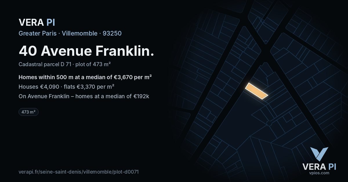40 Avenue Franklin, Villemomble at night – the plot lit, the parcels around coloured by the prices near them