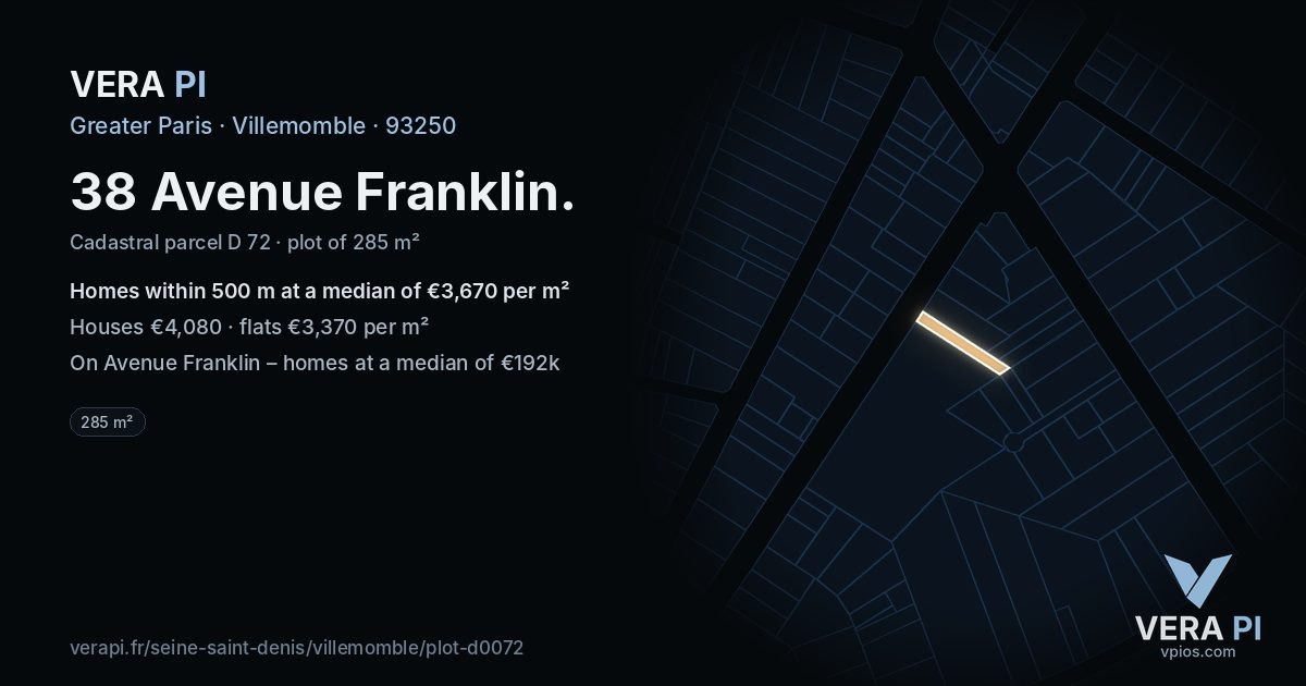 38 Avenue Franklin, Villemomble at night – the plot lit, the parcels around coloured by the prices near them