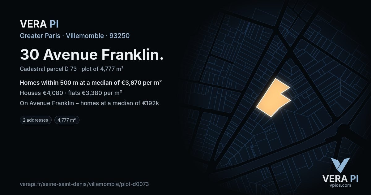 30 Avenue Franklin, Villemomble at night – the plot lit, the parcels around coloured by the prices near them