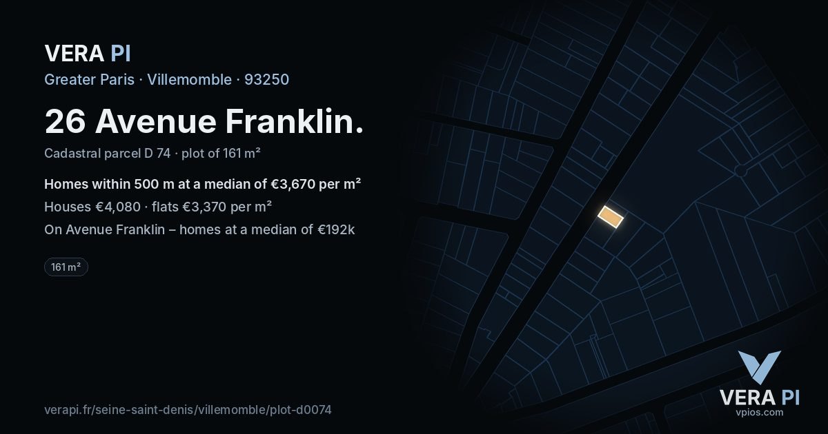 26 Avenue Franklin, Villemomble at night – the plot lit, the parcels around coloured by the prices near them
