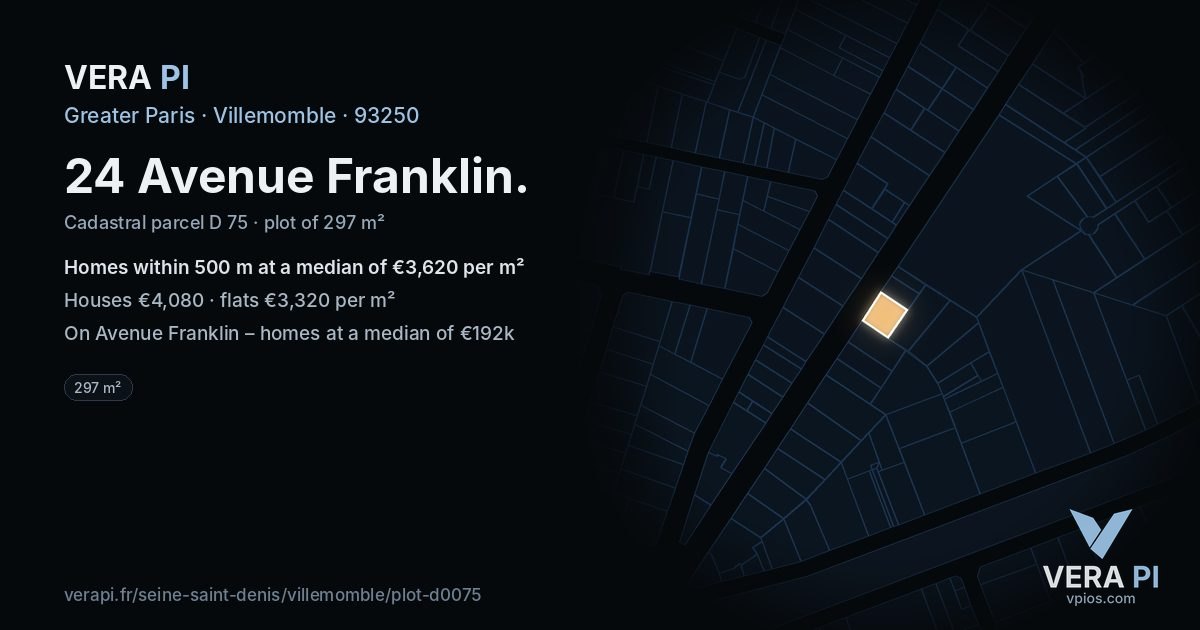 24 Avenue Franklin, Villemomble at night – the plot lit, the parcels around coloured by the prices near them