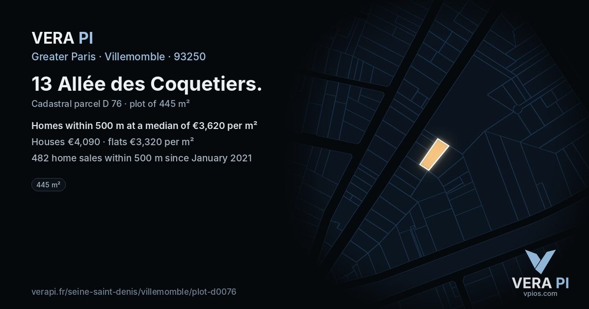 13 Allée des Coquetiers, Villemomble at night – the plot lit, the parcels around coloured by the prices near them