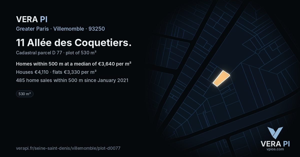 11 Allée des Coquetiers, Villemomble at night – the plot lit, the parcels around coloured by the prices near them