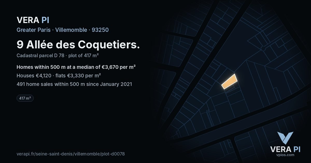 9 Allée des Coquetiers, Villemomble at night – the plot lit, the parcels around coloured by the prices near them
