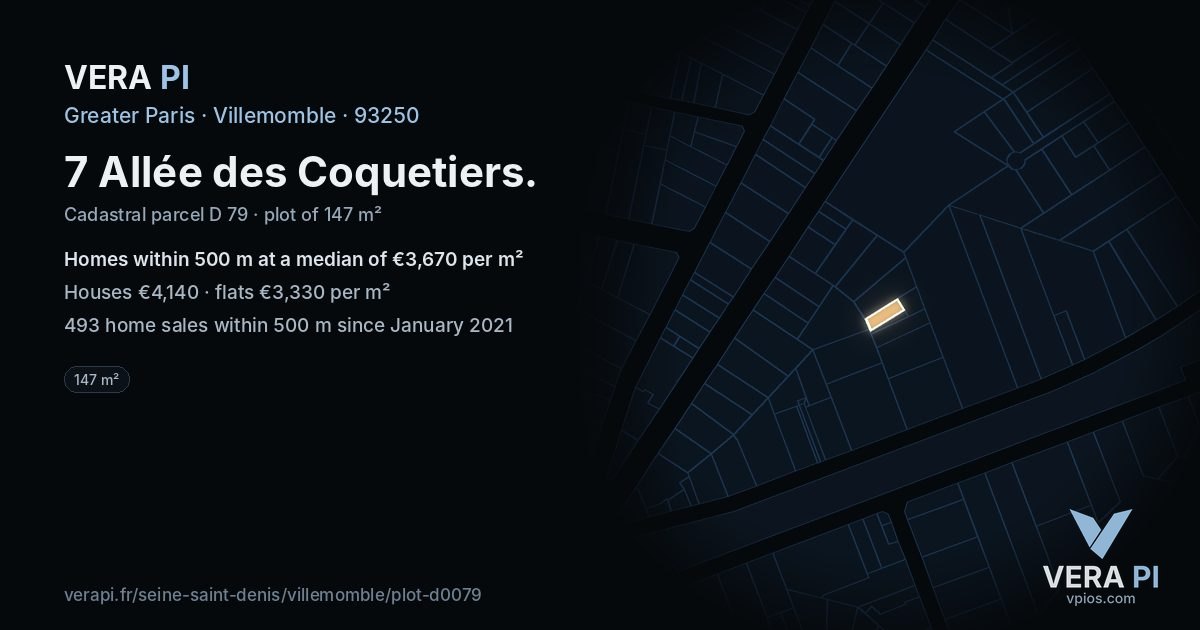 7 Allée des Coquetiers, Villemomble at night – the plot lit, the parcels around coloured by the prices near them