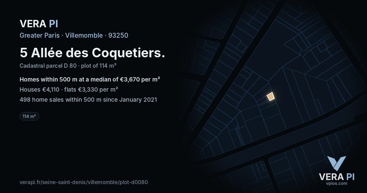 5 Allée des Coquetiers, Villemomble at night – the plot lit, the parcels around coloured by the prices near them