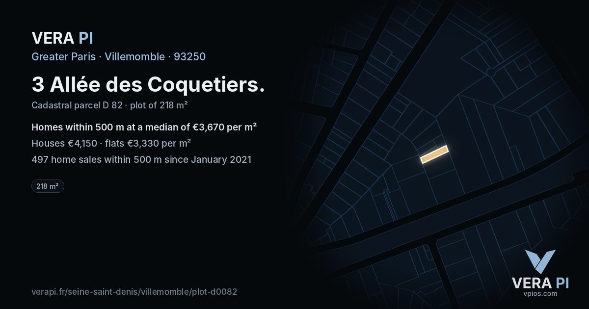 3 Allée des Coquetiers, Villemomble at night – the plot lit, the parcels around coloured by the prices near them