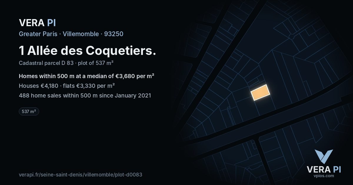 1 Allée des Coquetiers, Villemomble at night – the plot lit, the parcels around coloured by the prices near them
