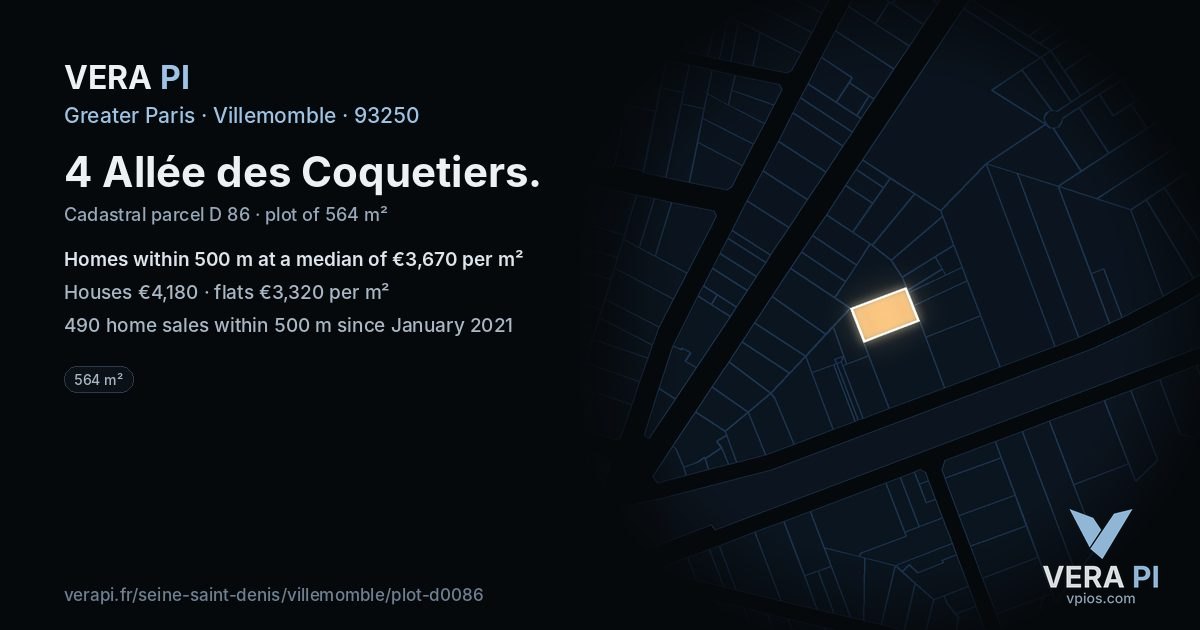 4 Allée des Coquetiers, Villemomble at night – the plot lit, the parcels around coloured by the prices near them