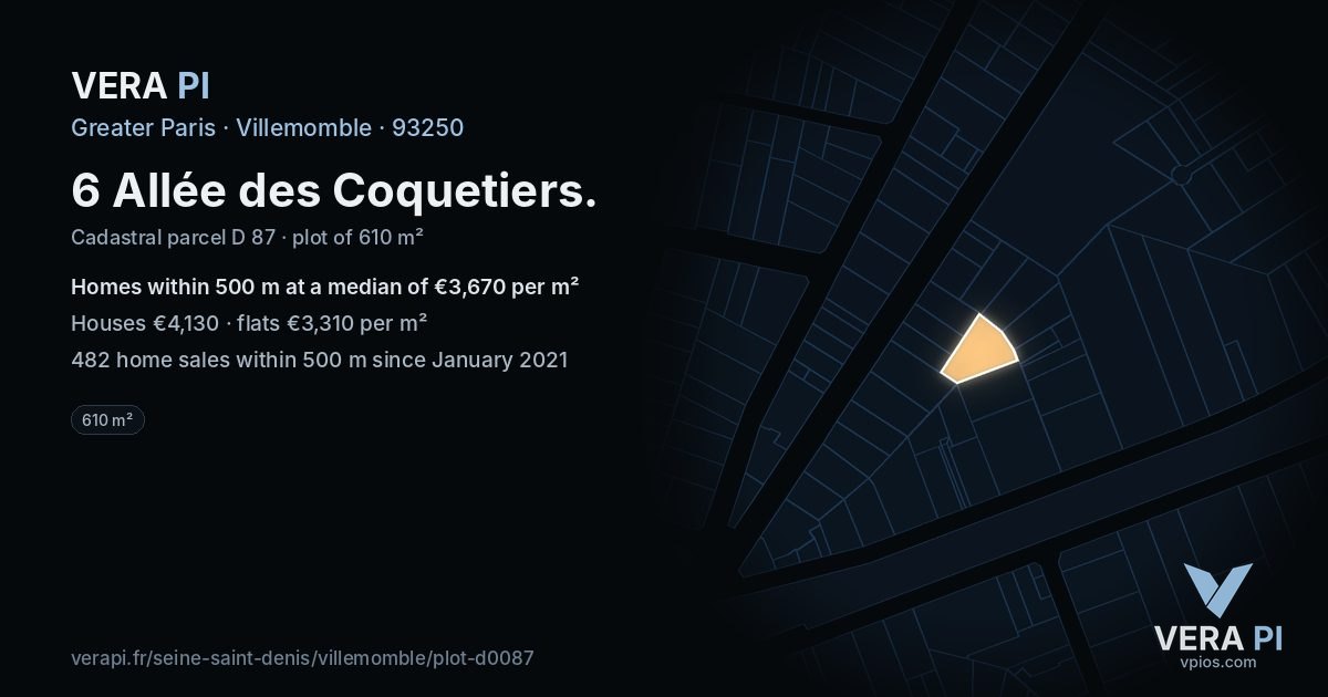 6 Allée des Coquetiers, Villemomble at night – the plot lit, the parcels around coloured by the prices near them