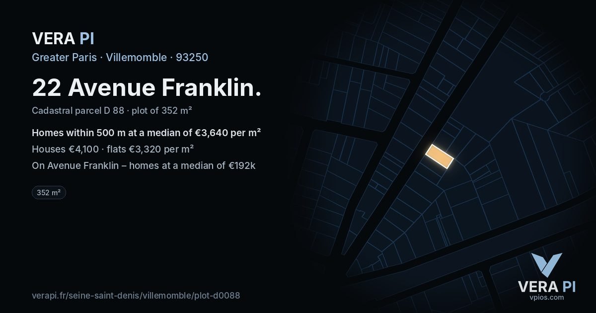 22 Avenue Franklin, Villemomble at night – the plot lit, the parcels around coloured by the prices near them