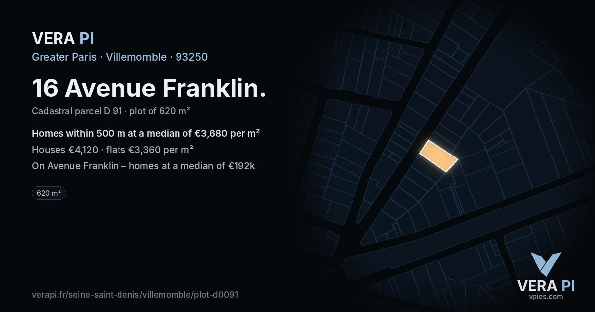 16 Avenue Franklin, Villemomble at night – the plot lit, the parcels around coloured by the prices near them