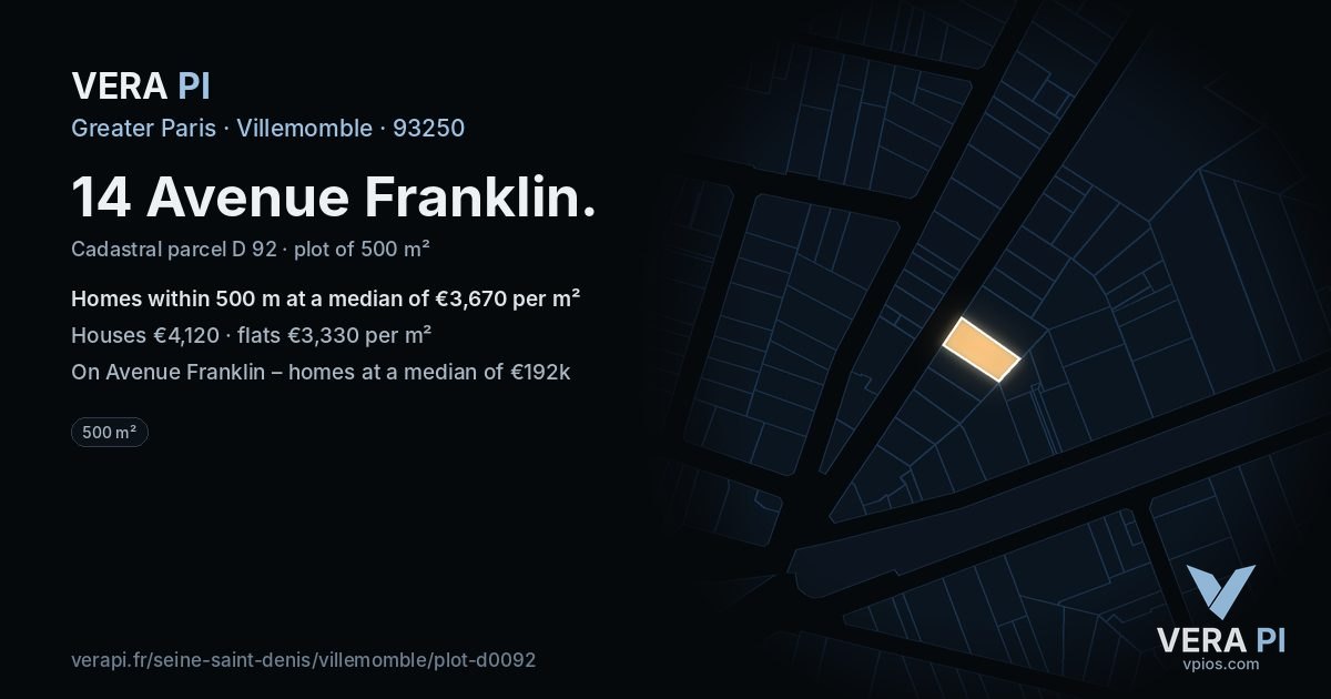 14 Avenue Franklin, Villemomble at night – the plot lit, the parcels around coloured by the prices near them