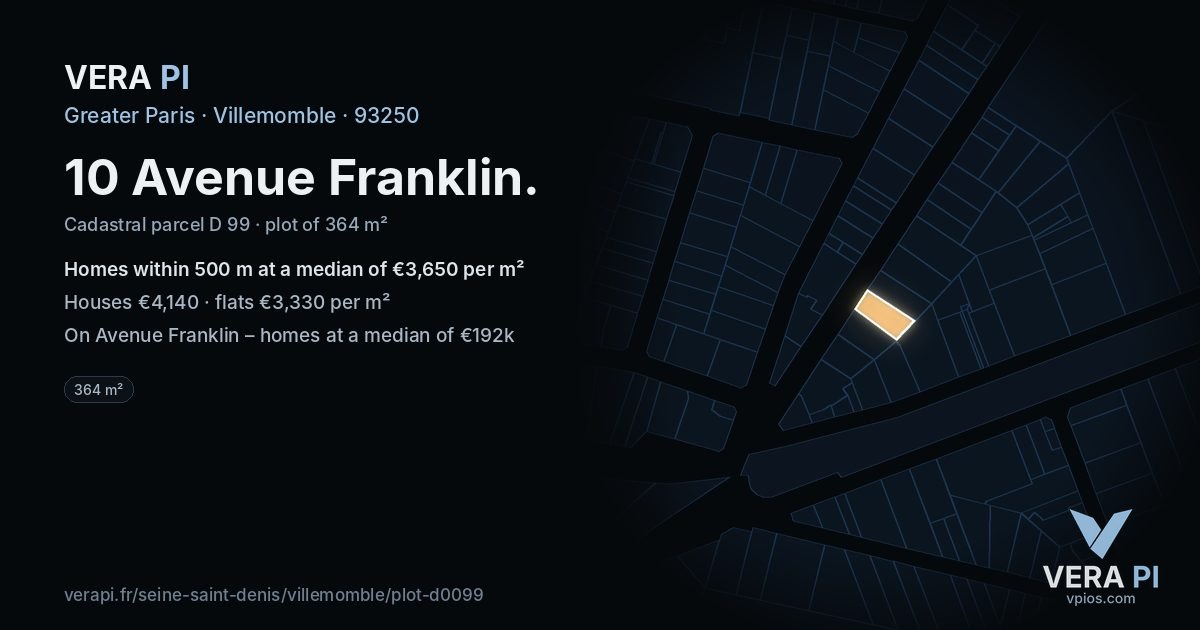 10 Avenue Franklin, Villemomble at night – the plot lit, the parcels around coloured by the prices near them
