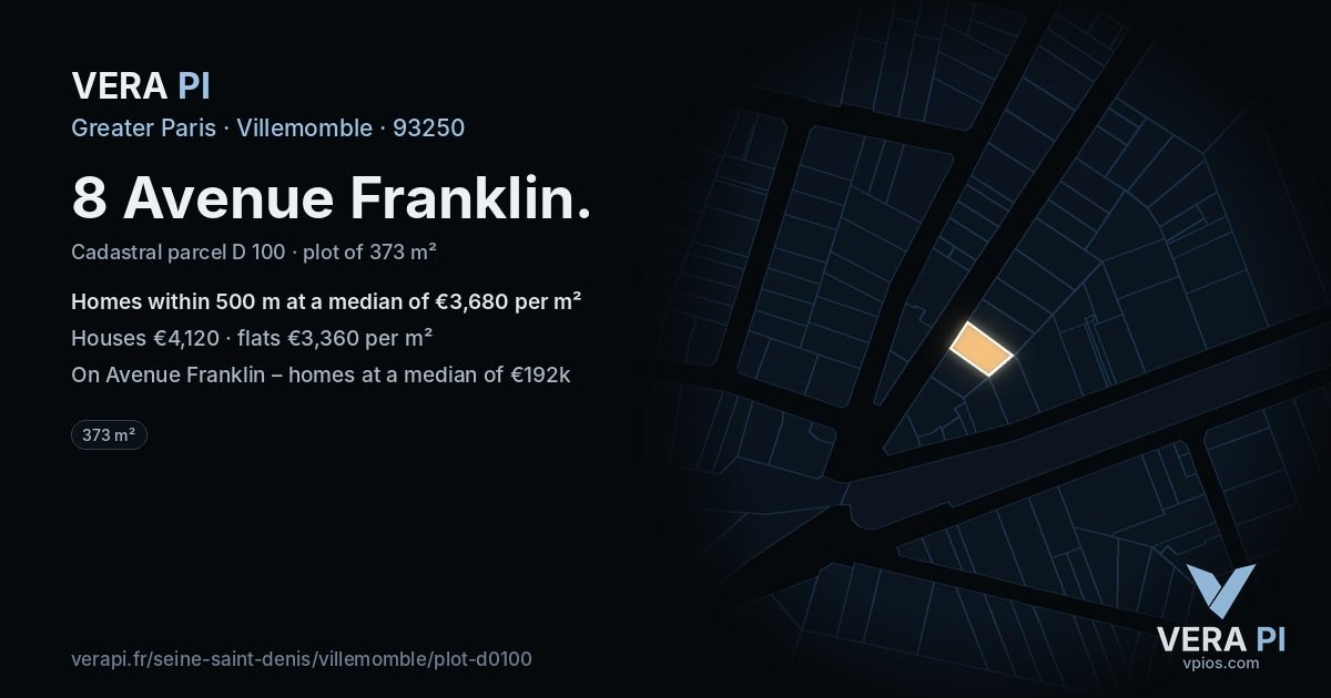8 Avenue Franklin, Villemomble at night – the plot lit, the parcels around coloured by the prices near them