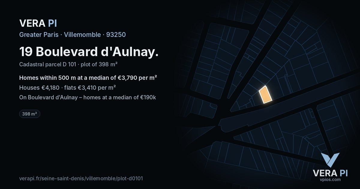 19 Boulevard d'Aulnay, Villemomble at night – the plot lit, the parcels around coloured by the prices near them