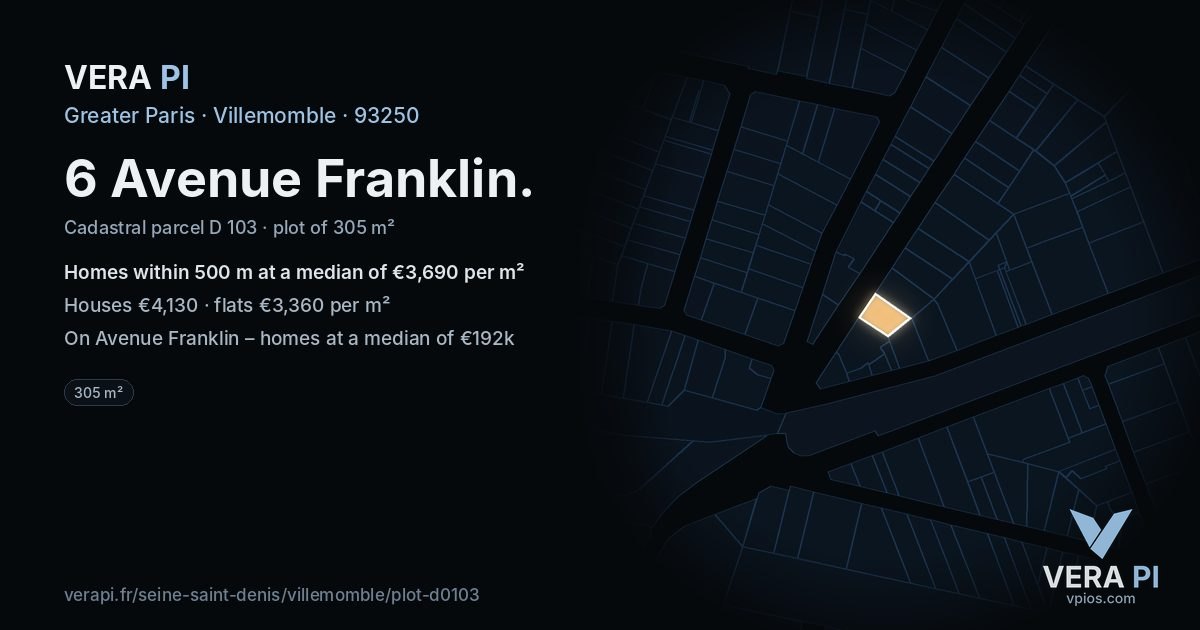 6 Avenue Franklin, Villemomble at night – the plot lit, the parcels around coloured by the prices near them