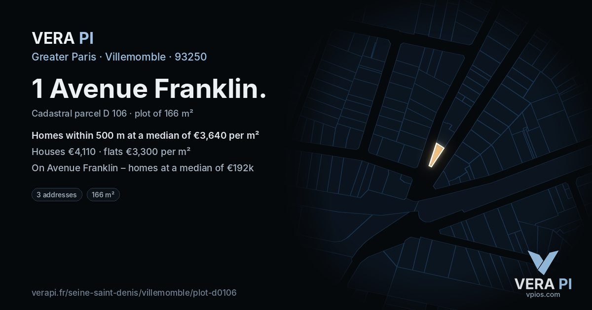 1 Avenue Franklin, Villemomble at night – the plot lit, the parcels around coloured by the prices near them