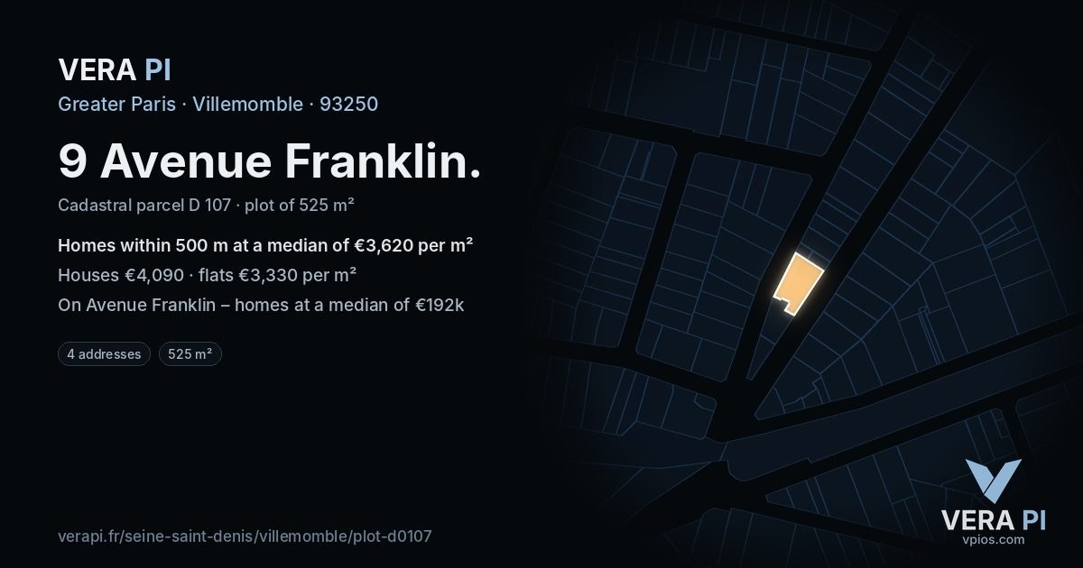 9 Avenue Franklin, Villemomble at night – the plot lit, the parcels around coloured by the prices near them