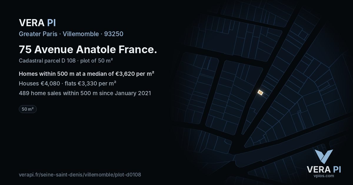 75 Avenue Anatole France, Villemomble at night – the plot lit, the parcels around coloured by the prices near them