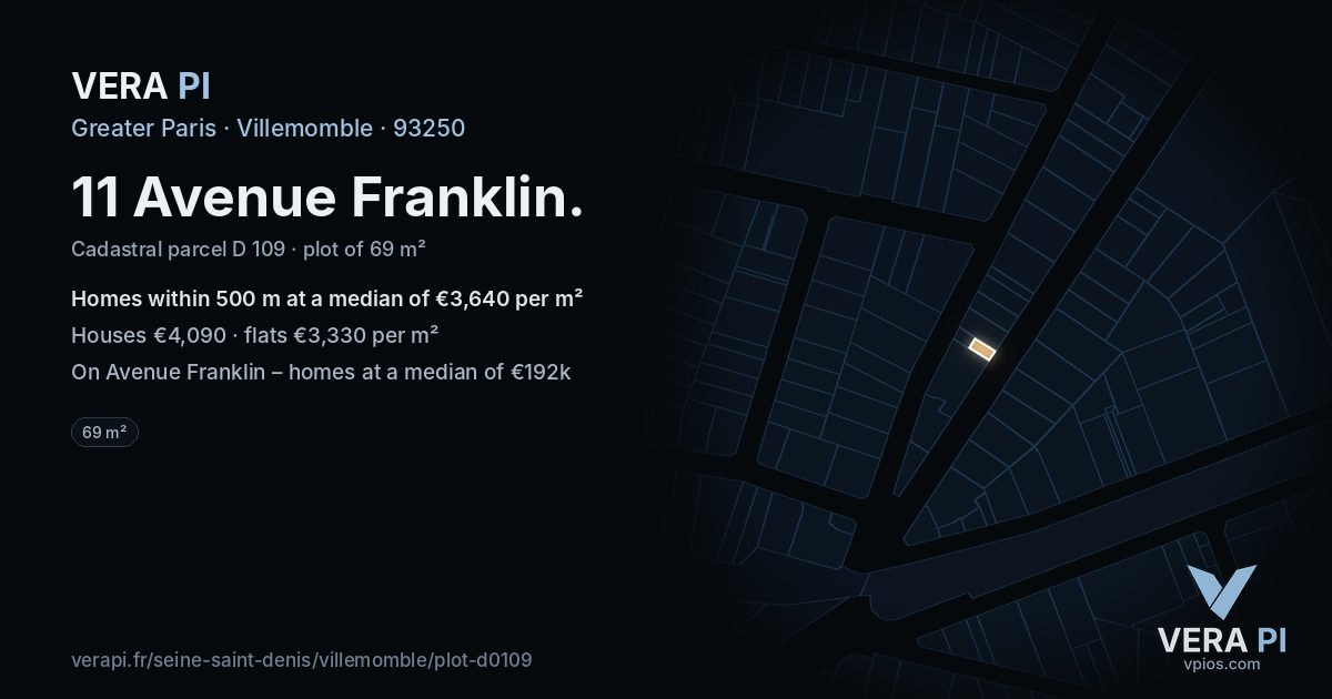 11 Avenue Franklin, Villemomble at night – the plot lit, the parcels around coloured by the prices near them