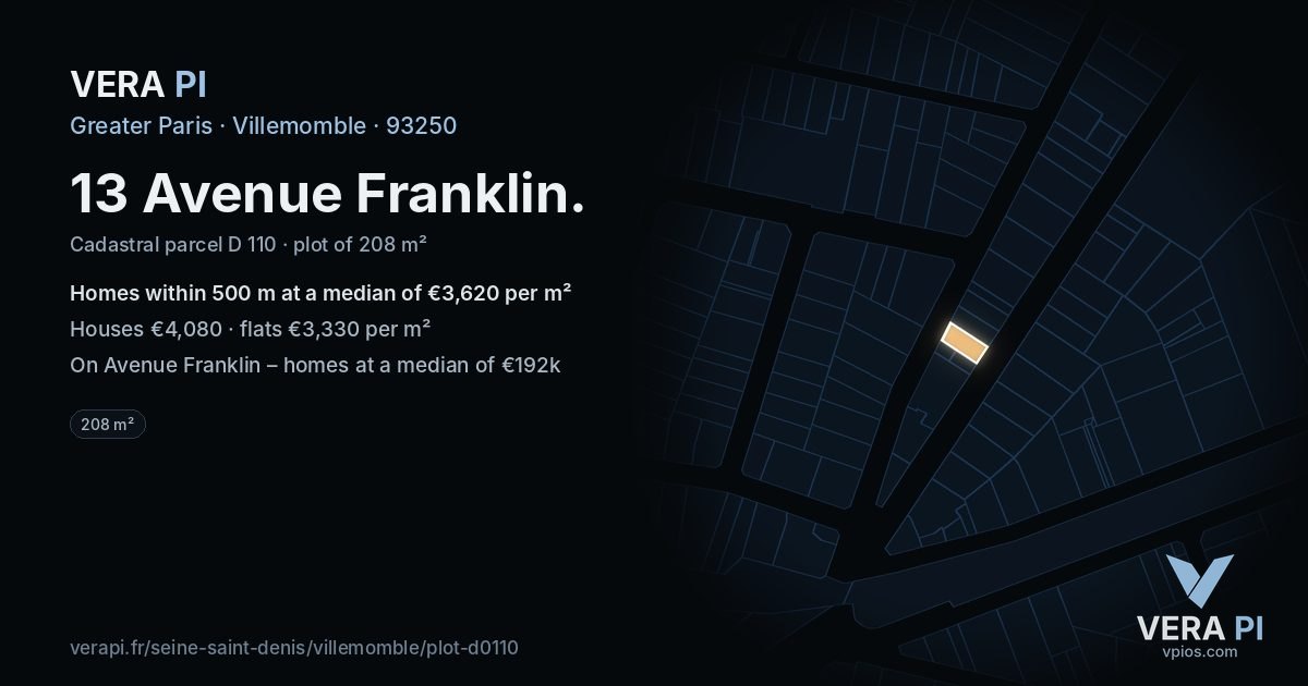 13 Avenue Franklin, Villemomble at night – the plot lit, the parcels around coloured by the prices near them