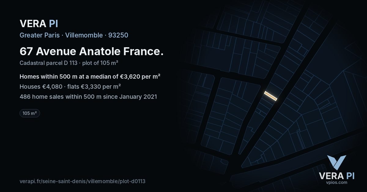 67 Avenue Anatole France, Villemomble at night – the plot lit, the parcels around coloured by the prices near them