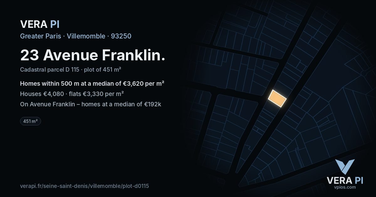 23 Avenue Franklin, Villemomble at night – the plot lit, the parcels around coloured by the prices near them