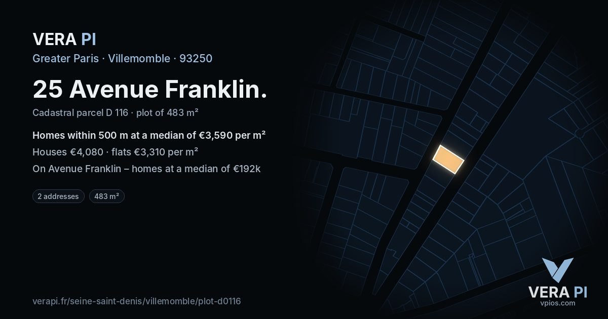 25 Avenue Franklin, Villemomble at night – the plot lit, the parcels around coloured by the prices near them