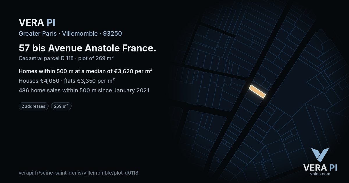 57 bis Avenue Anatole France, Villemomble at night – the plot lit, the parcels around coloured by the prices near them