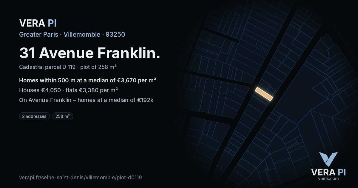 31 Avenue Franklin, Villemomble at night – the plot lit, the parcels around coloured by the prices near them