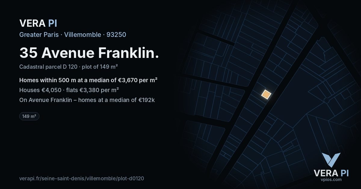 35 Avenue Franklin, Villemomble at night – the plot lit, the parcels around coloured by the prices near them