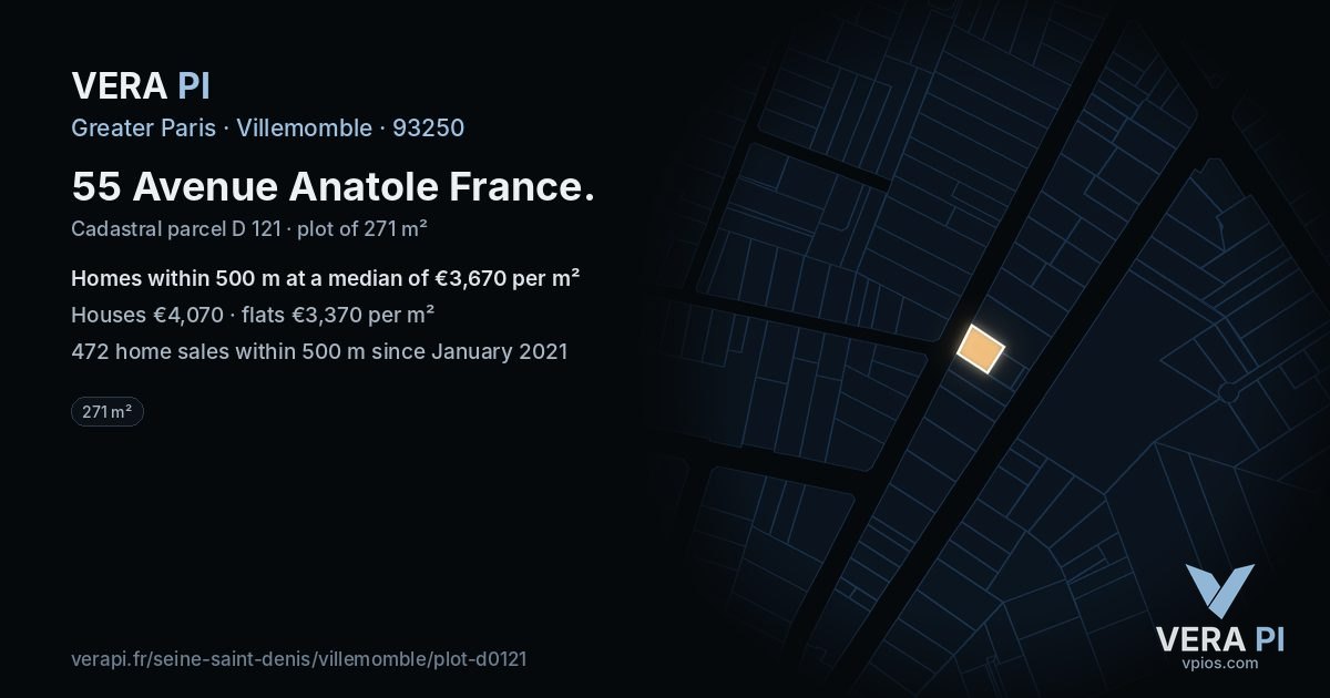 55 Avenue Anatole France, Villemomble at night – the plot lit, the parcels around coloured by the prices near them