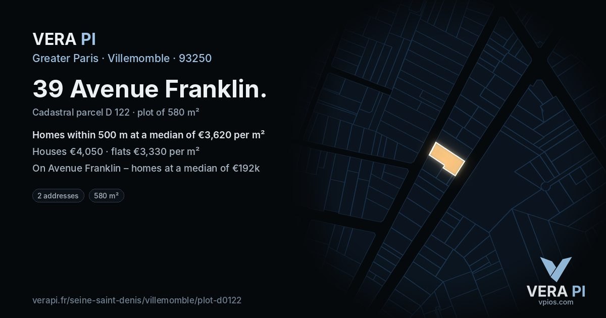 39 Avenue Franklin, Villemomble at night – the plot lit, the parcels around coloured by the prices near them