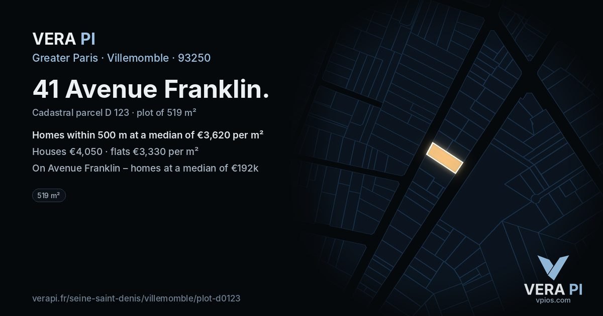 41 Avenue Franklin, Villemomble at night – the plot lit, the parcels around coloured by the prices near them