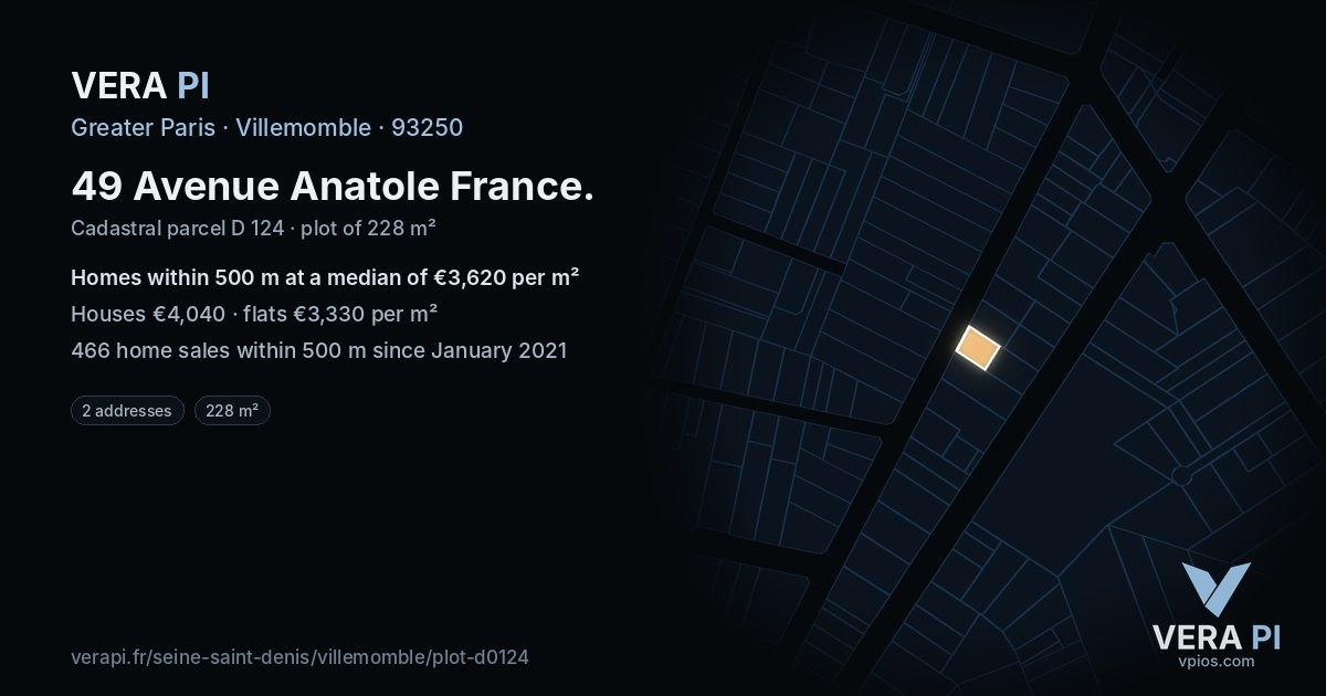 49 Avenue Anatole France, Villemomble at night – the plot lit, the parcels around coloured by the prices near them