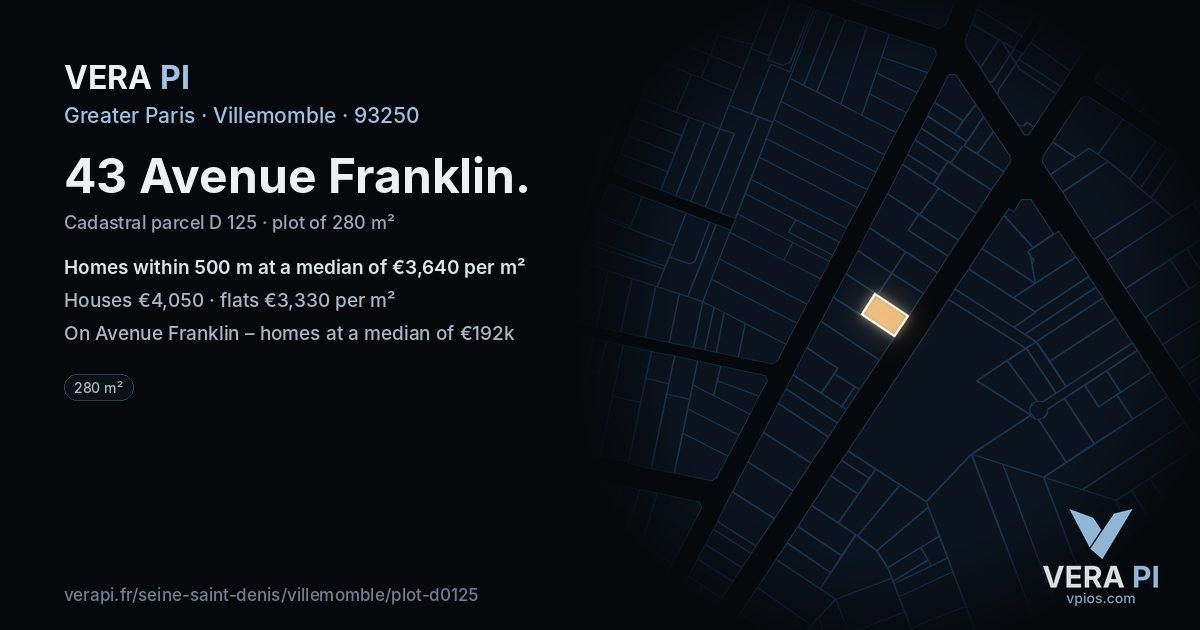 43 Avenue Franklin, Villemomble at night – the plot lit, the parcels around coloured by the prices near them