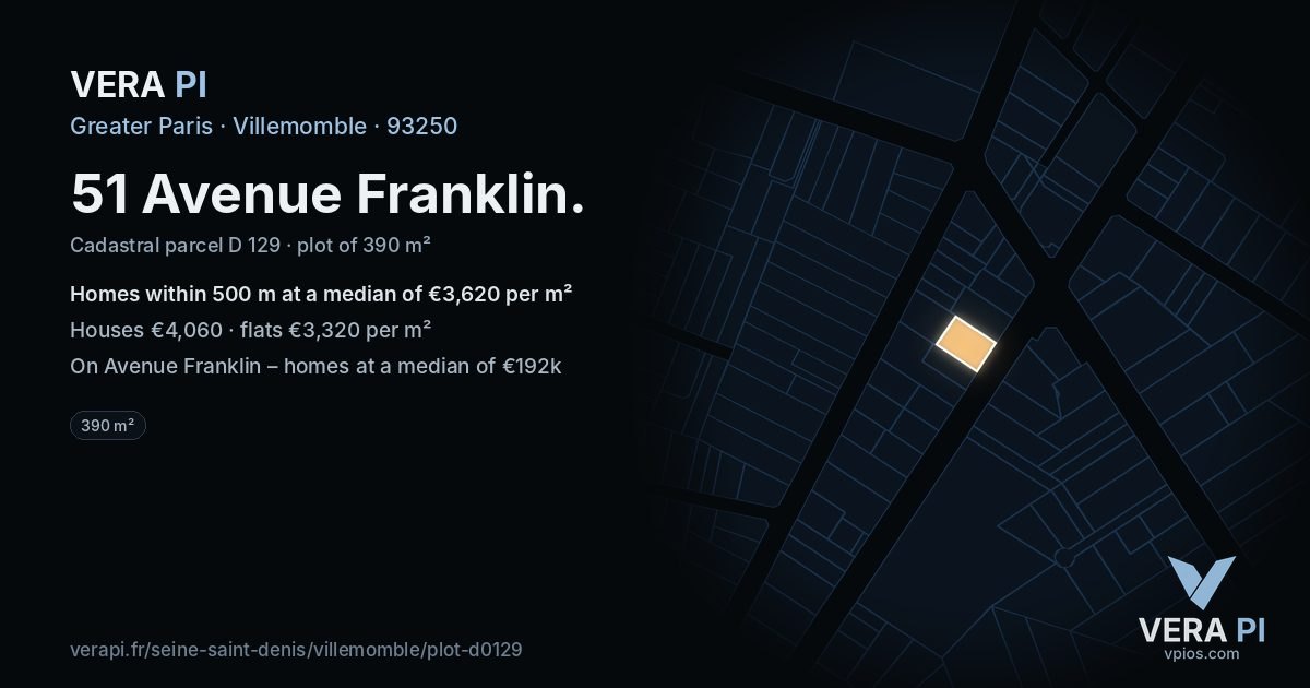 51 Avenue Franklin, Villemomble at night – the plot lit, the parcels around coloured by the prices near them