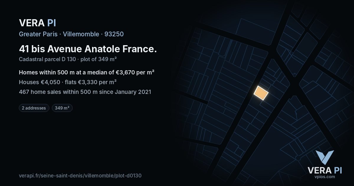 41 bis Avenue Anatole France, Villemomble at night – the plot lit, the parcels around coloured by the prices near them