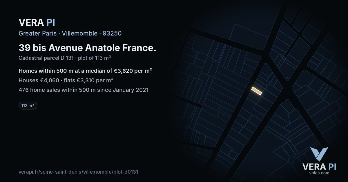 39 bis Avenue Anatole France, Villemomble at night – the plot lit, the parcels around coloured by the prices near them