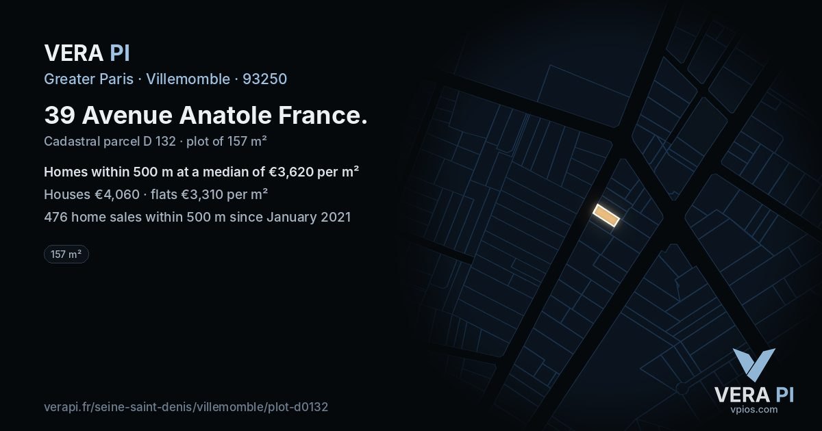 39 Avenue Anatole France, Villemomble at night – the plot lit, the parcels around coloured by the prices near them