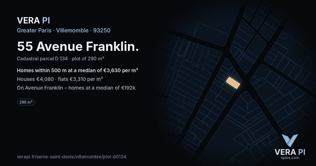 55 Avenue Franklin, Villemomble at night – the plot lit, the parcels around coloured by the prices near them