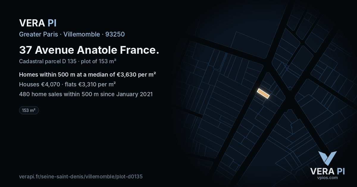 37 Avenue Anatole France, Villemomble at night – the plot lit, the parcels around coloured by the prices near them